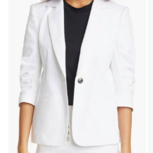 Womens 5 A 7 Cinq a Sept Khloe White Ruched Sleeve Denim Blazer Jacket 8 - Picture 1 of 15